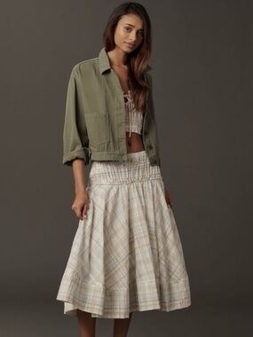 Anthropologie Plaid Midi Skirt in Cream and Tan